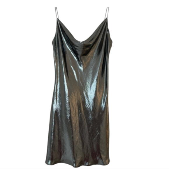 NWT Zara Mettalic Fluid Silver Slip Dress. Size Large - Picture 4 of 7